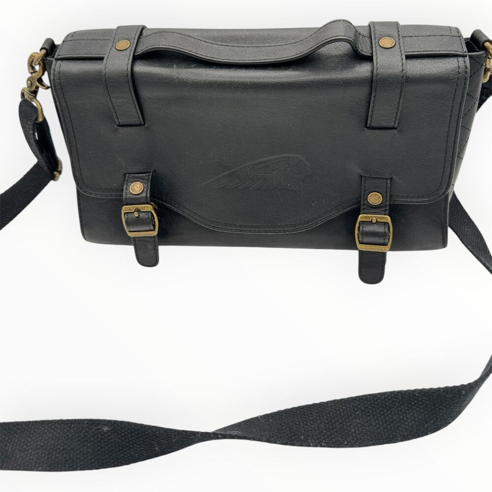 Indian Motorcycle Black Leather Crossbody Messenger Bag Brass Buckles